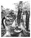 Морской змей нападает на корабль. Из книги Олауса Магнуса «Морская карта» (XVI в.).