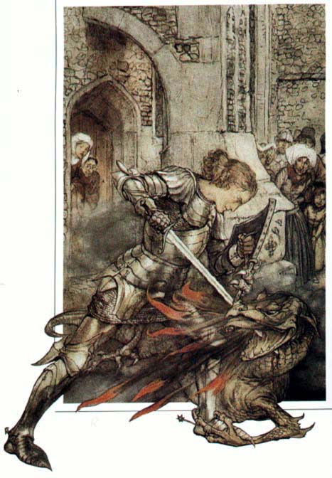 Arthur Rackham, from The Romance of King Arthur and His Knights of the Round Table, abridged from Malory's Morte d'Arthur by A. W. Pollard, Macrnillan and Co., 1917, byper mission of Barbara Edwards, cour-. lesy Victoria and Albert Museum, London