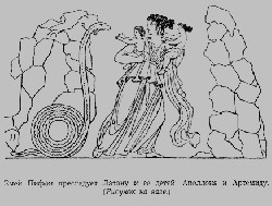Змей Пифон преследует Латону и ее детей, Аполлона и Артемиду