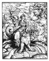 Семиглавый дракон апокалипсиса с великой блудницей Вавалон. <br> Ганс Бургкмайр, 1523г. <br> Г. Бидерман «Энциклопедия символов»
