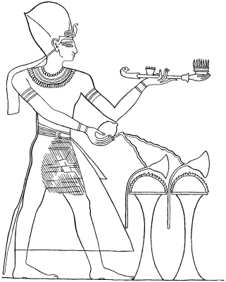 Fig. 1.—The conventional Egyptian representation of
the Burning of Incense and the Pouring of Libations (Period of the
New Empire)—after Lepsius