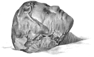 Fig. 2.—Water-colour sketch by Mrs. Cecil Firth,
representing a restoration of the early mummy found at Medûm by Prof.
Flinders Petrie, now in the Museum of the Royal College of Surgeons in
London