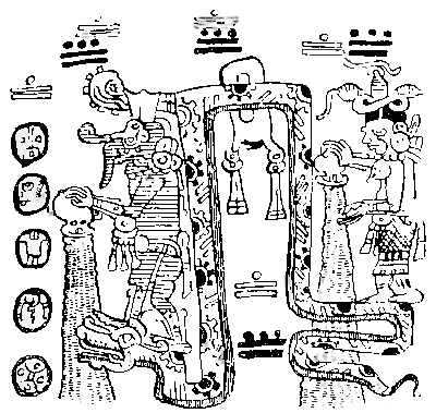 Fig. 11.—Reproduction of a Picture in the Maya Codex
Troano representing the Rain-god Chac treading upon the Serpent's
head, which is interposed between the earth and the rain the god is
pouring out of a bowl. A Rain-goddess stands upon the Serpent's
tail.