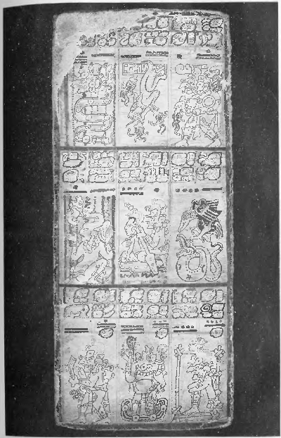 Fig. 13.
A photographic reproduction of the 36th page of the Dresden Maya Codex.
Of the three pictures in the top row one represents the elephant-headed
god Chac with a snake's body. He is pouring out rain. The central
picture represents the lightning animal carrying fire down from heaven
to earth. On the right Chac is shown in human guise carrying
thunder-weapons in the form of burning torches.
In the second row a goddess sits in the rain: her head is prolonged into
that of a bird, holding a fish in its beak. The central picture shows
Chac in his boat ferrying a woman across the water from the East. The
third illustration depicts the familiar conflict between the vulture and
serpent. In the third row Chac is seen with his axe: in the central picture he
is standing in the water looking up towards a rain-cloud; and on the
right he is shown sitting in a hut resting from his labours.