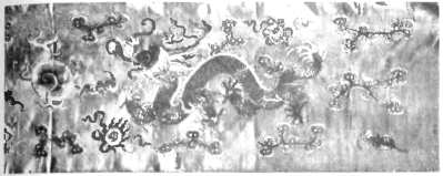 Fig. 15.—Photograph of a Chinese Embroidery in the
Manchester School of Art representing the Dragon and the Pearl-Moon
Symbol.