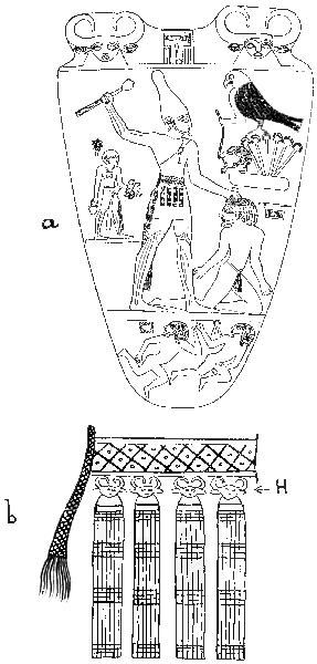 Fig. 18 (a) The Archaic Egyptian slate
palette of Narmer showing, perhaps, the earliest design of Hathor (at
the upper corners of the palette) as a woman with cow's horns and ears
(compare Flinders Petrie, "The Royal Tombs of the First Dynasty," Part
I, 1900, Plate XXVII, Fig. 71). The pharaoh is wearing a belt from which
are suspended four cow-headed Hathor figures in place of the
cowry-amulets of more primitive peoples. This affords corroboration of
the view that Hathor assumed the functions originally attributed to the
cowry-shell. (b) The king's sporran, where Hathor-heads (h) take the place
of the cowries of the primitive girdle.