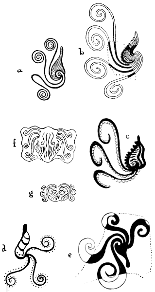 Fig. 23.—A series of Mycenæan conventionalizations
of the Argonaut and the Octopus (after Tümpel), which provided the basis
for Houssay's theory of the origin of the triskele (a, c,
and d) and swastika (b and e), and
Siret's theory to explain the design of Bes's face (f
and g)