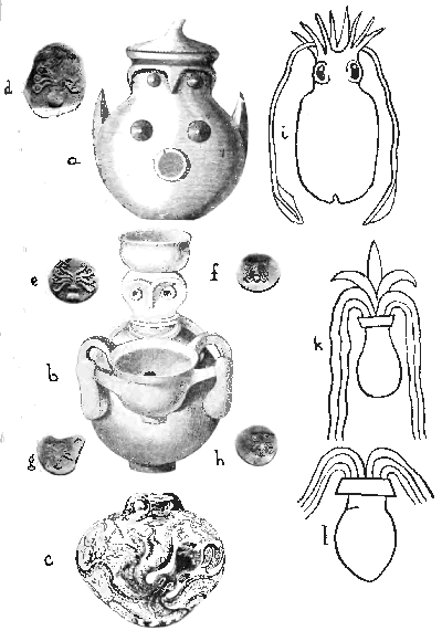 Fig. 24.
(a) and (b) Two Mycenæan pots (after Schliemann).
(a) The so-called "owl-shaped" vase is really a representation of the
Mother-Pot in the form of a conventionalized Octopus (Houssay).
(b) The other vase represents the Octopus Mother-Pot, with a jar upon
her head and another in her hands—a three-fold representation of the
Great Mother as a pot.
(c) A Cretan vase from Gournia in which the Octopus-motive is
represented as a decoration upon the pot instead of in its form.
(d), (e), (f), (g), and (h) A series of coins from Central
Greece (after Head) showing a series of conventionalizations of the
Octopus, with its pot-like body and palm-tree-like arms (f).
(i) Sepia officinalis (after Tryon).
(k) and (l) The so-called "spouting vases" in the hands of the
Babylonian god Ea, from a cylinder seal of the time of Gudea, Patesi of
Tello, after Ward ("Seal Cylinders, etc.," p. 215).
The "spouting vases" have been placed in conjunction with the Sepia to
suggest the possibility of confusion with a conventionalized drawing of
the latter in the blending of the symbolism of the water-jar and
cephalopods in Western Asia and the Mediterranean.