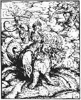 Семиглавый дракон Апокалипсиса с великой блудницей Вавилон. Ганс Бургкмайр, 1523 г.