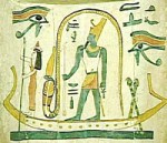 Мехен в виде кобры с короной Верхнего Египта охраняет солнечного бога Атума