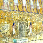 Бог Мехен защищает солнечного бога Хнума. Раскрашенный рельеф из усыпальницы фараона Сети I  в Долине царей
