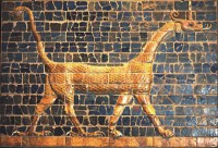 Мухшуш (Сируш), украшающий городские ворота, посвященные богине Иштар в древнем Вавилоне. Мозаичный глазурованный рельеф, 580 г. до н.э.,  правление Навуходоносора II
