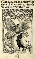Print made by Monogrammist DSupporting the arms of the City of Basel; printers' device of Amberch, Petri and Froben; the bird's head in profile to left; the leather loop attached to the shield around the bird's neck; framed by an arch with leaf ornaments.<br /> 1511<br />Woodcut and letterpress
