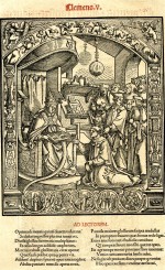 Print made by Monogrammist DS 
Printed by Adam Petri <br />A pope receiving a deputation of lawyers and monks; Verso: a basilisk standing on a shield with the staff of <a href='/dragons/drakony_v_arkhitekture/vasiliski_goroda_bazelya.php'>Basel</a>. Illustrations to 'Clementis Quinti Constitutiones in consilio viennensi edite', Basel: Amerbach, Froben and Petri, 1511.<br />Woodcut and letterpress
