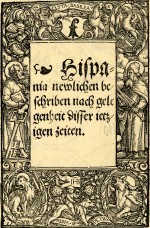 Octavo title-border with Saints Peter and Paul; two basilisks supporting the arms of Basel at top and a child on a lion at bottom; impression from an unidentified publication (possibly part of Münster's Cosmographia?) of a border first used for a German New Testament printed by Petri in Basel in March 1523.