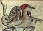 <em>Kongelige Bibliotek, Gl. kgl. S. 1633 4°, Folio 51r</em><br/>A basilisk is attacked a family of weasels, the only beast that can defeat the basilisk.