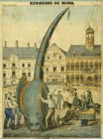 Combat de Saint Georges et du Dragon a Mons (Belgique). Gravure du XIXe siecle