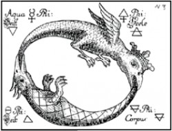 Уроборос. Гравюра Абрахама Елеазара 1735 г. к его алхимической работе «Doneum Dei». Два змея (дракона) кусают друг друга за хвост и формируют таким образом уроборос (круг). Верхний змей в короне и имеет крылья. 