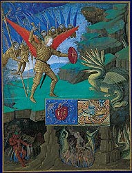 Saint Michel combattant le dragon.  Heures d'Etienne Chevalier, enluminees par Jean Fouquet.  Londres, Upton House, Collection Lord Bearsted, Cat. n°184