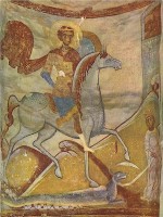 Чудо Георгия о змие. Фреска 12 век Старая Ладога, Церковь Георгия