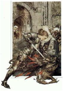 Подвиг Ланцелота (картинка 69kb и текст). Arthur Rackham, from The Romance of King Arthur and His Knights of the Round Table, abridged from Malory's Morte d'Arthur by A. W. Pollard, Macrnillan and Co., 1917, byper mission of Barbara Edwards, cour- . lesy Victoria and Albert Museum, London