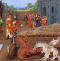 Cредневековая миниатюра  из цикла «Пророчества Мерлина» (ок. 1307-1330, Королевская коллекция, Br. M.). На ней Мерлин показывает королю Вортигерну белого и красного  драконов и пророчит о судьбе Британии.