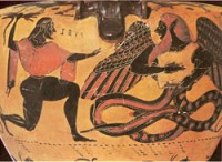 Битва Зевса с Тифоном. Рисунок древнегреческой амфоры (550 г. до н. э.)