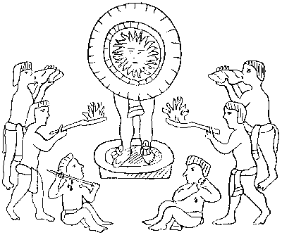 Fig. 6.—Representation of the ancient Mexican
Worship of the Sun. The image of the sun is held up by a man in front of his face; two men
blow conch-shell trumpets; another pair burn incense; and a third pair
make blood-offerings by piercing their ears—after Zelia Nuttall.