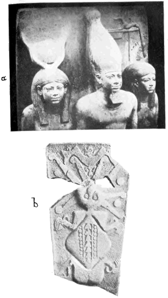 Fig. 21.—(a) A slate triad found by
Professor G. A. Reisner in the temple of the Third Pyramid at Giza. It
shows the Pharaoh Mycerinus supported on his right side by the goddess
Hathor, represented as a woman with the moon and the cow's horns upon
her head, and on the left side by a nome goddess, bearing upon her head
the jackal-symbol of her nome.
(b) The Ecuador Aphrodite. Bas-relief from Cerro Jaboncillo (after
Saville, "Antiquities of Manabi, Ecuador," Preliminary Report, 1907,
Plate XXXVIII).
A grotesque composite monster intended to represent a woman (compare
Saville's Plates XXXV, XXXVI, and XXXIX), whose head is a
conventionalized Octopus, whose body is a Loligo, and whose limbs are
human.