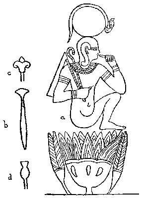 Fig. 7.
(a) An Egyptian design representing the sun-god Horus emerging from a
lotus, representing his mother Hathor (Isis).
(b) Papyrus sceptre often carried by goddesses and animistically
identified with them either as an instrument of life-giving or
destruction.
(c) Conventionalized lily—the prototype of the trident and the
thunder-weapon.
(d) A water-plant associated with the Nile-gods.