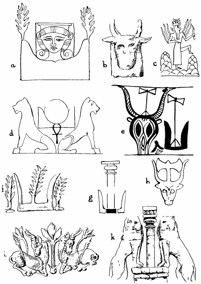 Fig. 26.
(a) An Egyptian picture of Hathor between the mountains of the horizon
(on which trees are growing) (after Budge, "Gods of the Egyptians," Vol.
II, p. 101). [This is a part only of a scene in which the goddess Nut is
giving birth to the sun, whose rays illuminate Hathor on the horizon, as
Sothis, the "Opener of the Way" for the sun.
(b) The mountains of the horizon supporting a cow's head as a
surrogate of Hathor, from a stele found at Teima in Northern Arabia, now
in the Louvre (after Sir Arthur Evans, op. cit., p. 39). This
indicates the identity of what Evans calls "the horns of consecration"
and the "mountains of the horizon," and also suggests how confusion may
have arisen between the mountains and the cow's horns.
(c) The Mesopotamian sun-god Shamash rising between the Eastern
Mountains, the Gates of Dawn (Ward, op. cit., p. 373).
(d) The familiar Egyptian representation of the sun rising between the
Eastern Mountains (the splitting of the mountain giving birth to "the
ridiculous mouse"—Smintheus). The ankh (life-sign) below the sun is
the determinative of the act of giving birth or life. The design is
heraldically supported by the Great Mother's lionesses.
(e) Part of the design from a Mycenæan vase from Old Salamis (after
Evans, p. 9). The cow's head and the Eastern Mountains are shown
alongside one another, each of them supporting the Double Axe
representing the god.
(f) Part of the design from a lentoid gem from the Idæan Cave, now in
the Candia Museum (after Evans, Fig. 25). If this design be compared
with the Egyptian picture (a), it will be seen that Hathor's place is
taken by the tree-form of the Great Mother, and the trees which in the
former (a) are growing upon the Eastern Mountains are now placed
alongside the "horns". In the complete design (vide Evans, op. cit.,
p. 44) a votary is represented blowing a conch-shell trumpet to animate
the deity in the sacred tree.
(g) The Eastern Mountains supporting the pillar-form of the goddess
(after Evans, Fig. 66).
(h) Another Mycenæan design comparable with (e).
(i) Design from a signet-ring from Mycenæ (after Evans, Fig. 34). If
this be compared with the Egyptian picture (a) it will be noted that
the Great Mother is now replaced by a tree: the Eastern Mountains by
bulls, from whose backs the trees of the Eastern Mountains are
sprouting. This design affords interesting corroboration of the
suggestion that the Eastern Mountains may be confused with the cow's
head (see b and c) or with the cow itself. Newberry (Annals of
Archæology and Anthropology, Liverpool, Vol. I, p. 28) has called
attention to the intimate association (in Protodynastic Egypt) of the
Eastern Mountains, the Bull and the Double Axe—a certain token of
cultural contact with Crete.
(k) The famous sculpture above the Lion Gate at Mycenæ. The pillar
form of the Great Mother heraldically supported by her lioness-avatars,
which correspond to the cattle of the design (i) and the Eastern
Mountains of (a). The use of this design above the lintel of the gate
brings it into homology with the Winged Disk. The Pillar represents the
Goddess, as the Disk represents her Egyptian locum tenens, Horus; her
destructive representatives (the lionesses) correspond to the two uræi
of the Winged Disk design.