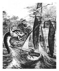 Морской змей нападает на корабль. 
Из книги Олауса Магнуса «Морская карта» (XVI в.)