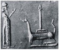 Вавилонский жрец перед алтарем с символами Мардука – драконом и копьём. Оттиск печати