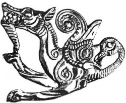 Изображение мифологического животного на скифской золотой пластине, украшавшей ритон. IV Семибратный курган, V век до н.э.