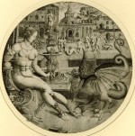 Print made by Allaert Claesz.<br />A naked Queen sits on a throne and holds a sceptre before a dragon (basilisk?); beyond is a palace courtyard with distressed naked females who observe the Queen carried away by the dragon; circular plate. 1523<br />Engraving<br />© www.britishmuseum.org