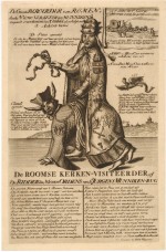 Pope Clement XI wearing a mantle decorated with his coat-of-arms, the keys of St Peter, a holy water stoup and other catholic articles, and holding a knotted cord in his hand, rides on the back of a Jesuit who is on all fours with ass's ears and a rosary serving as a bridle. Flying behind is a cockatrice, standing Theodore de Coc.